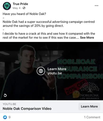 A True Pride Facebook post sharing a Noble Oak life insurance comparison video, with a Learn More button